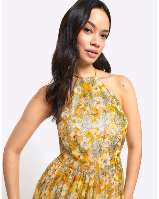 River Island Metallic Floral Glitter Slip Maxi Dress