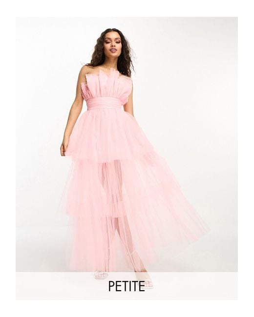LACE & BEADS Pink Bandeau Tulle High Low Maxi Dress