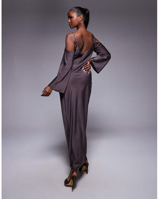 ASOS Purple Satin Long Sleeve Fallen Shoulder Cami Maxi Dress