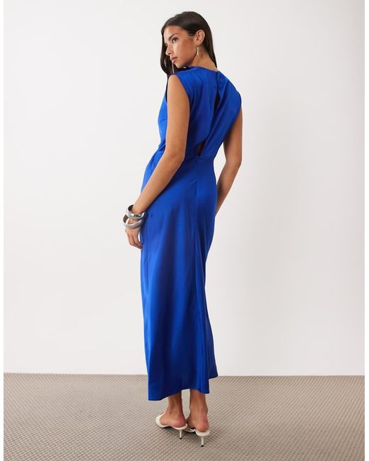 ASOS Blue Satin High Neck Pleated Bodice Midi Dress