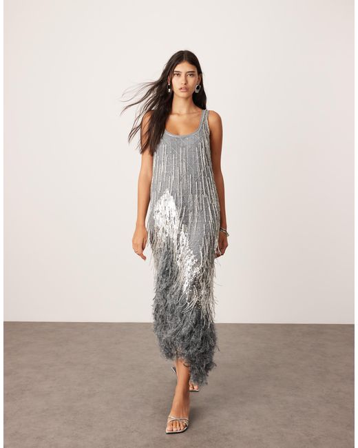 chinese dress ladies Rent Asos Design All Over Feather Embellished Maxi Dress In Green