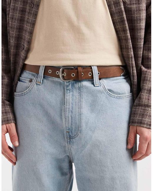 ASOS Gray Faux Leather Belt With Metal Eyelet And Metal Tip Detail for men