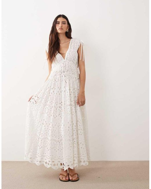 ARRANGE White Broderie Drawstring Detail Trapeze Maxi Dress