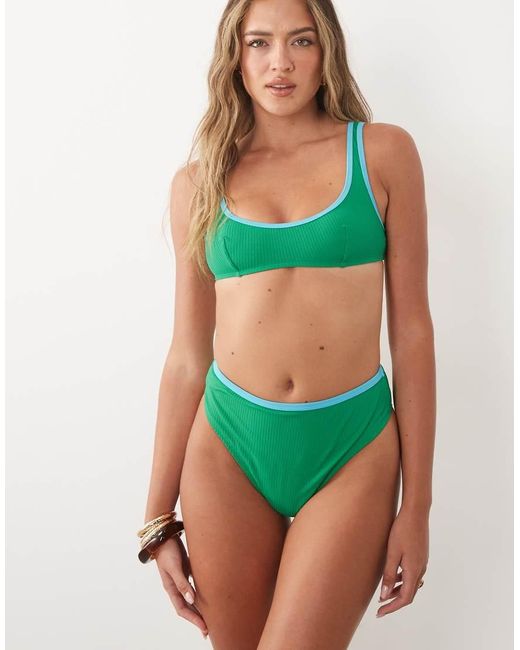ASOS Green Ronnie Rib Contrast Binding Azores High Leg High Waist Bikini Bottom