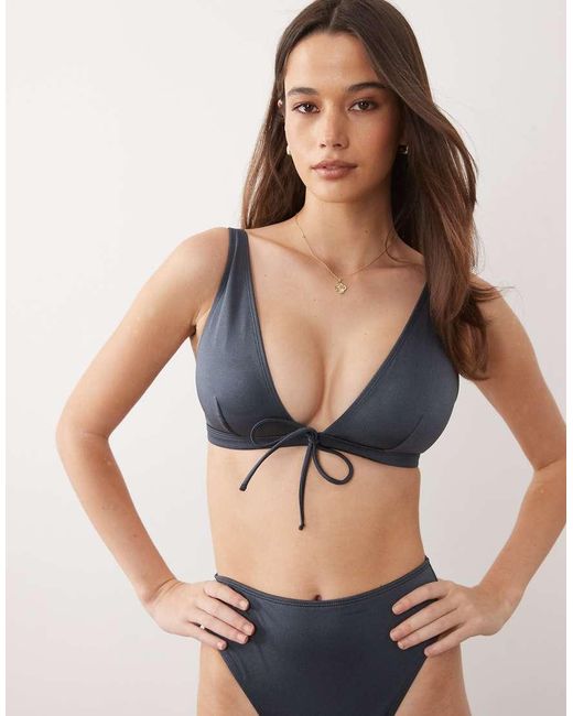 ASOS Gray Fuller Bust Maya Alice Tie Front Plunge Bikini Top