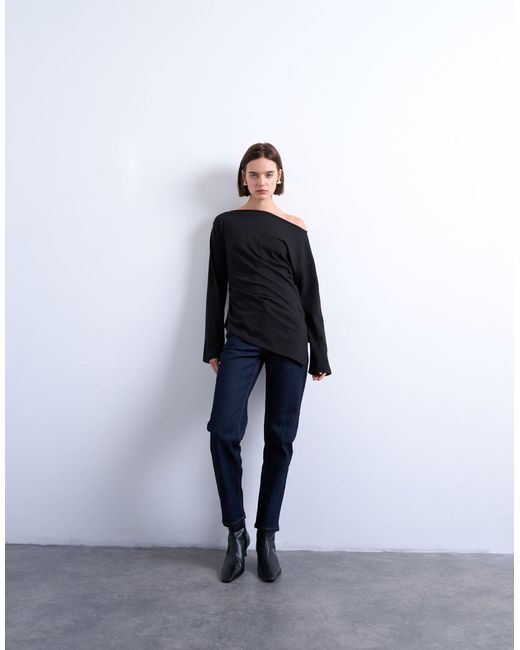 Top asymétrique en jersey à manches longues et encolure bateau TOPSHOP en coloris Blue