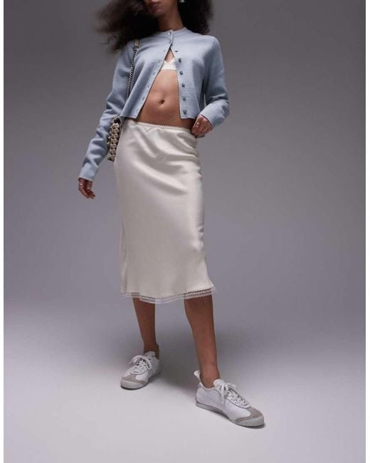 TOPSHOP Gray Over Knee Length Bias Skirt With Lace Trim