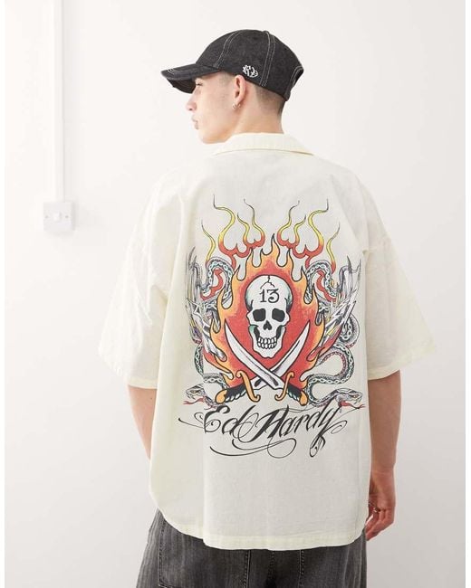 Ed Hardy White Snakes And Skull Flames Printed Shirt for men
