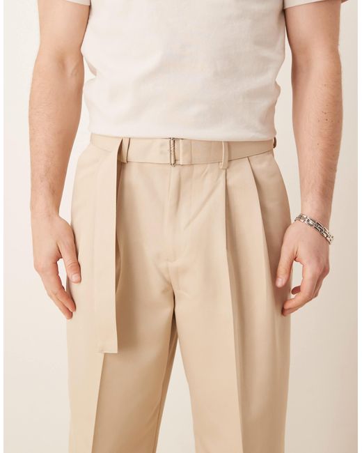 ASOS Natural Smart Belted Wide Leg Trousers With Front Double Pleats for men