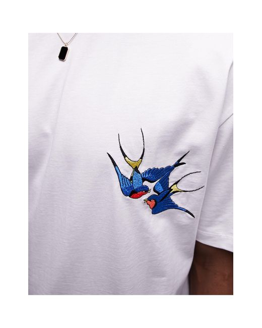 Topman White Oversized T-shirt With Tattoo Swallow Embroidery for men