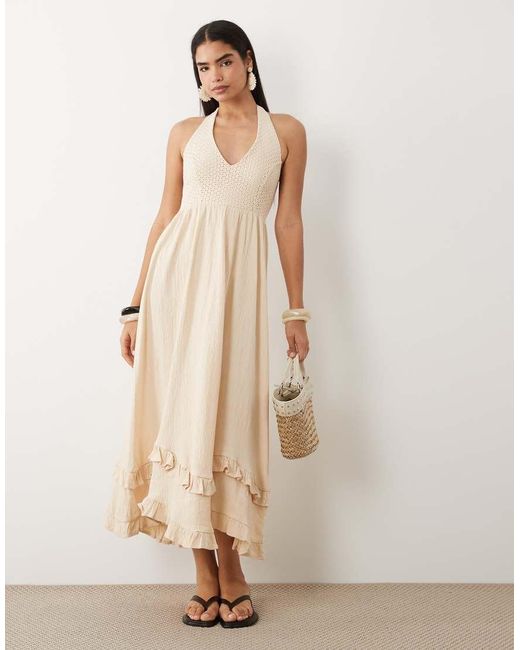 ASOS Natural Crochet Halter Midi Dress