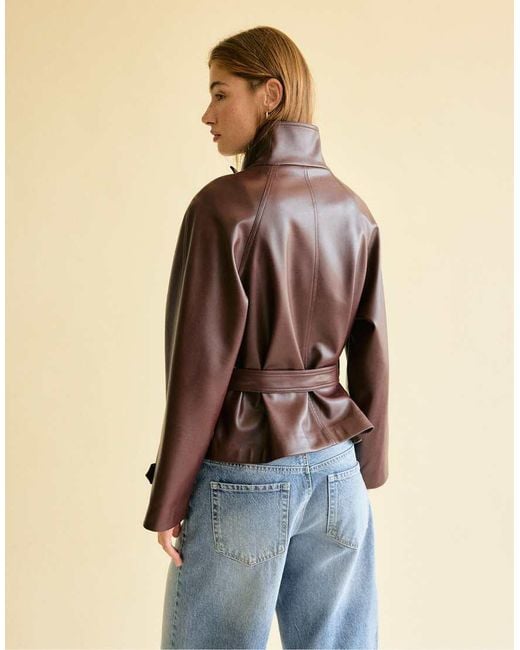 Stradivarius Natural High Neck Leather Effect Trench Coat