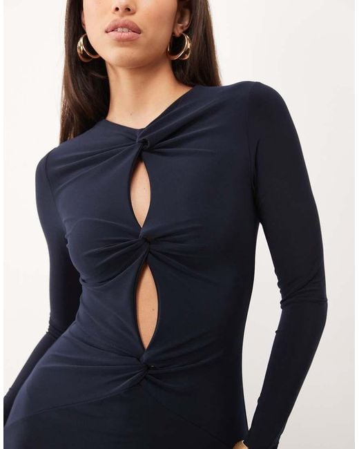 ASOS Blue Slinky Twist Plunge Maxi Dress With Long Sleeves
