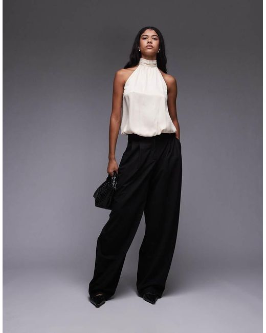 Top Con Cuello Alto Y Bajo Abullonado De Satén De -Blanco ASOS de color Black