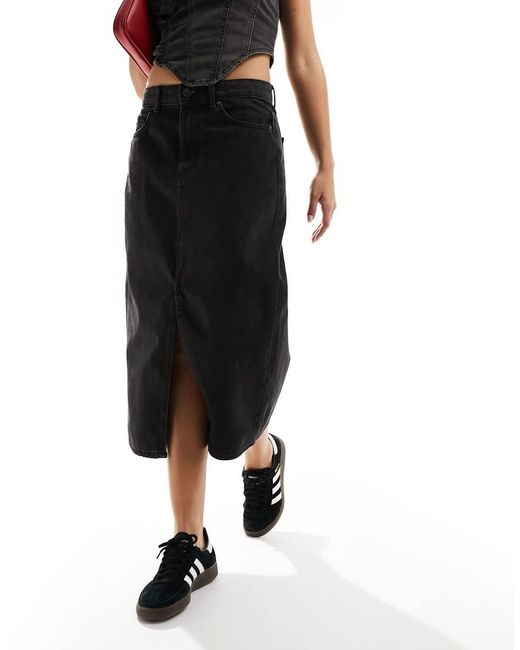 ONLY Black Denim Midi Skirt With Front Split