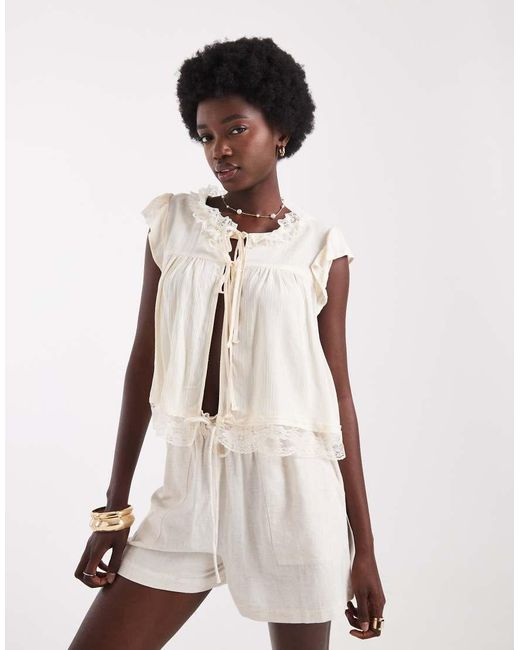 Miss Selfridge Natural Lace Insert Tie Front Blouse