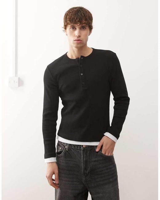 Collusion Black Double Layer Henley for men