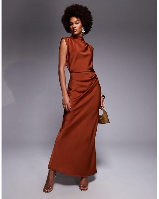 ASOS Asos Design Tall Satin High Neck Pleated Bodice Midi Dress in Brown |  Lyst