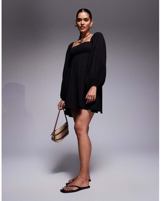 Princess Polly Black Let's Dance Cotton Linen Look Puff Sleeve Long Sleeve Open Tie Back Mini Smock Dress