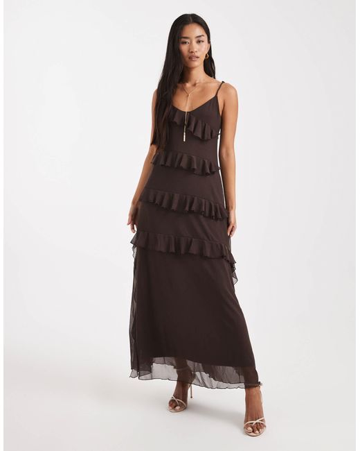 Object Brown Mesh Ruffle Cami Maxi Dress