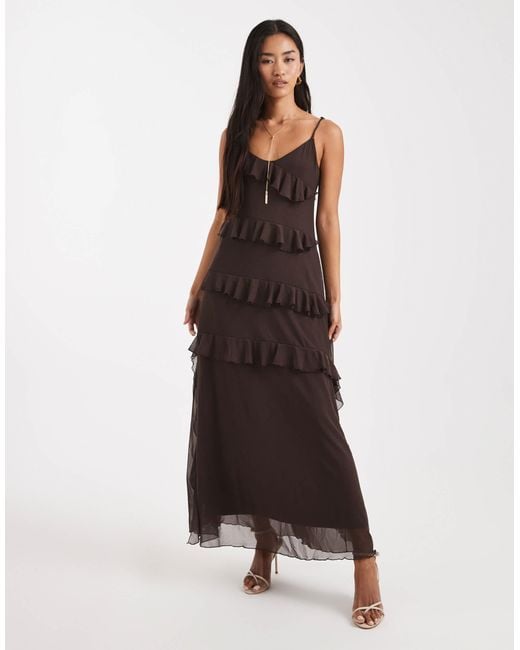 Robe longue caraco en tulle avec volants - marron chocolat Object en coloris Brown