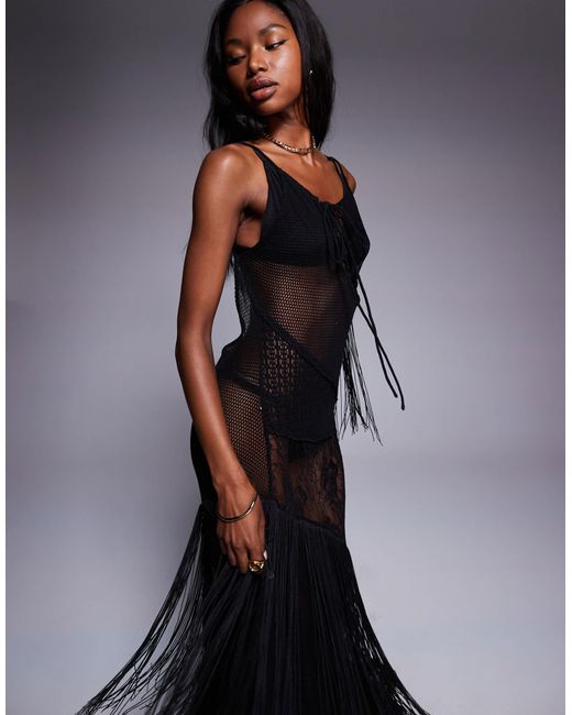 ASOS Blue High Neck Sheer Lace And Fringe Mix Maxi Dress