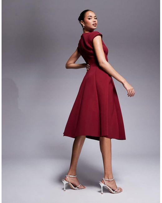 Goddiva Red Cap Sleeve Plunging V Neckline A-Line Midi Dress