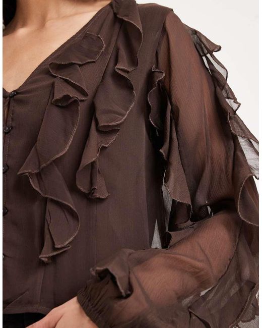 Mango Brown Teen Ruffle Long Sleeve Blouse