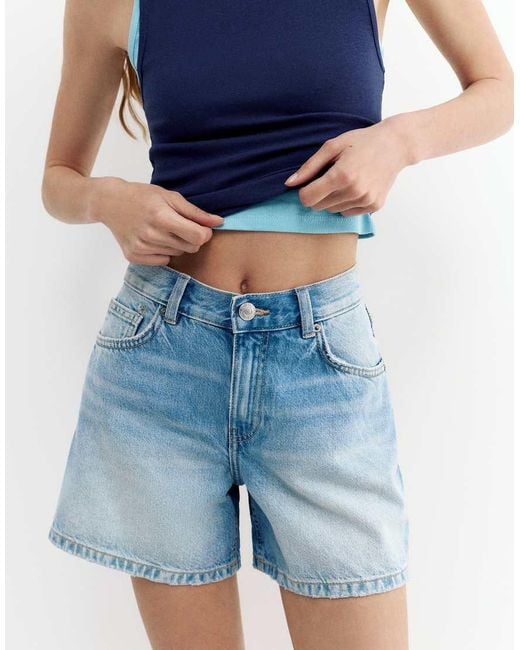 Pull&Bear Blue Mid-Waist Denim Bermuda Shorts