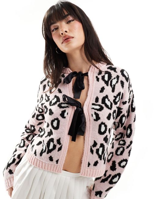 Miss Selfridge Pink – strickjacke mit leopardenmuster und schleifendetail