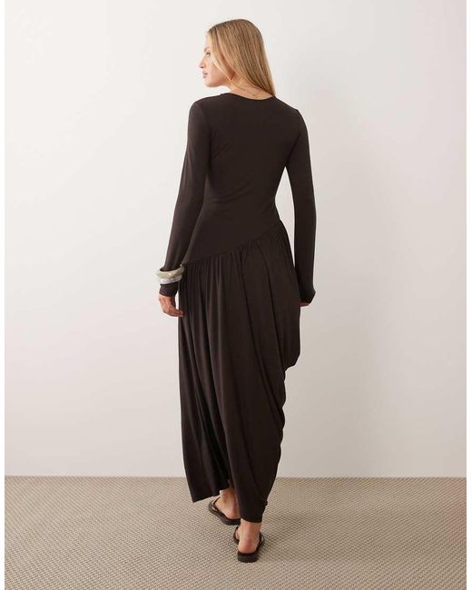 ASOS Brown Long Sleeve Draped Skirt Midi Dress