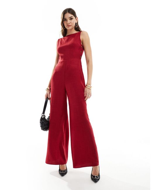 ASOS Red High Neck Button Side Detailed Wide Leg Jumpsuit