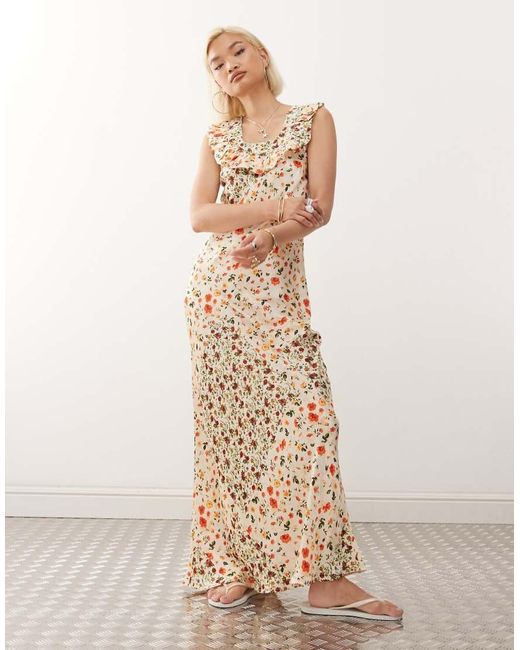 Reclaimed Vintage Natural Maxi Tea Dress With Frill Neck
