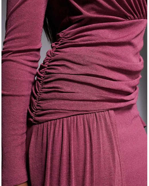 DASKA Pink Long Sleeve Asymmetric Drape Detail Maxi Dress