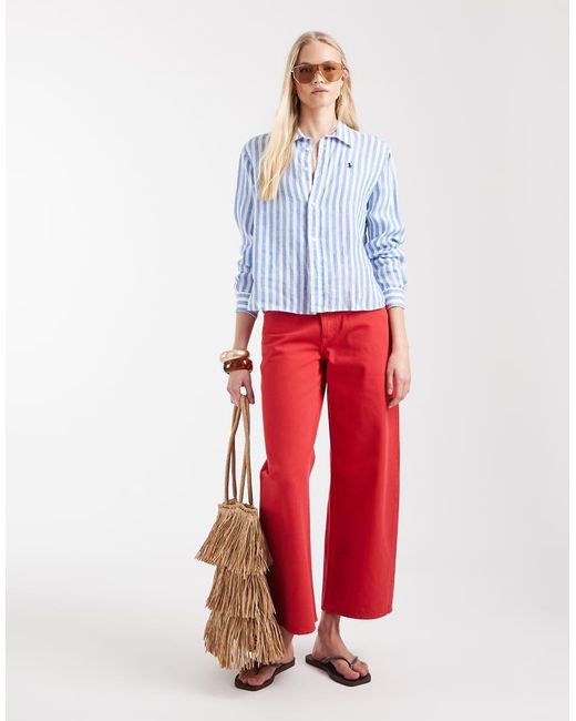 Polo Ralph Lauren Blue Icon Logo Stripe Boxy Linen Shirt