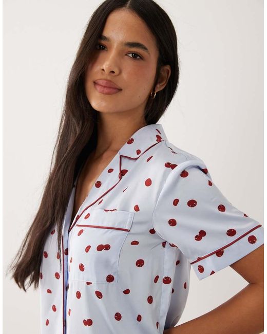 Abercrombie & Fitch Blue Satin Short Sleeve Pyjama Shirt Co-ord With Tomato Polka Dot