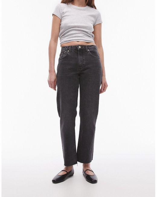 TOPSHOP Black Cropped Mid Rise Straight Jeans With Raw Hems