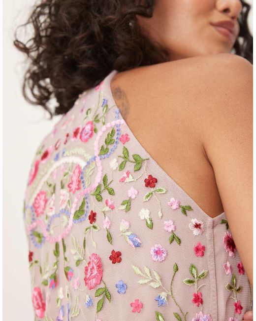 Maya Pink Halter Neck Embroidered Tie Maxi Dress