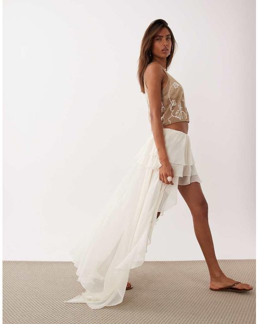 Miss Selfridge Natural Beach Chiffon Frill High Low Maxi Skirt