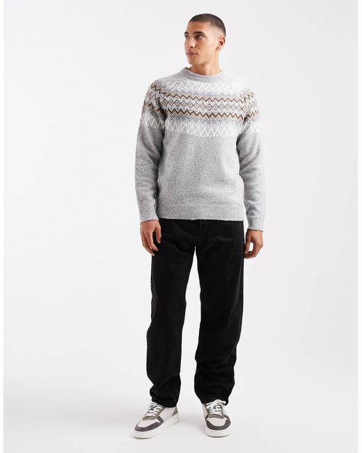 Threadbare Gray Fairisle Print Crew Neck Jumper for men