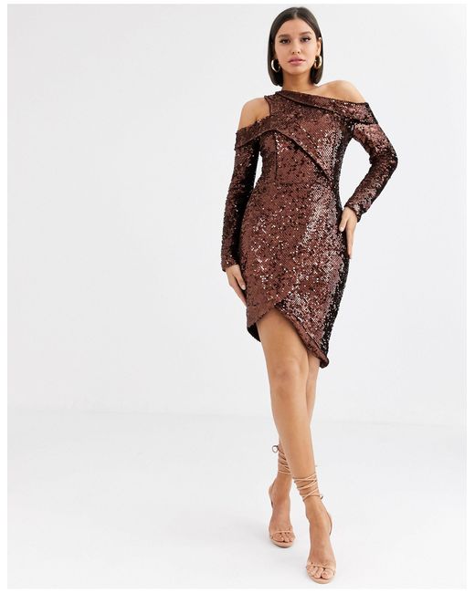 lavish alice sequin velvet off shoulder asymmetric mini dress