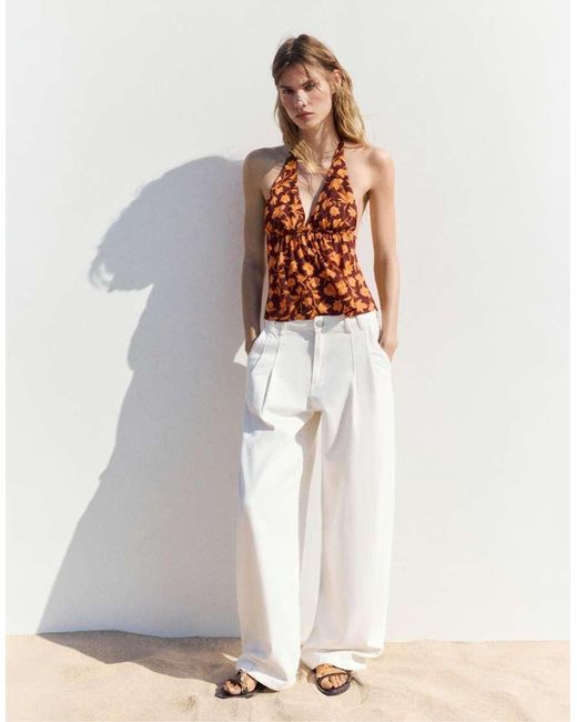 Pull&Bear Brown Floral Halter Top