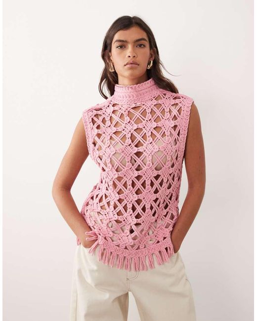 ARRANGE Pink Crochet Knit Sleeveless Top