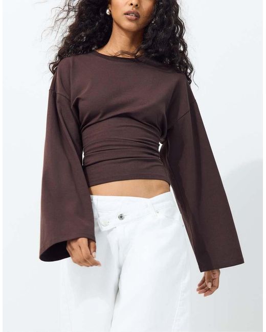 Stradivarius White Long Sleeve Fitted Waist T-shirt