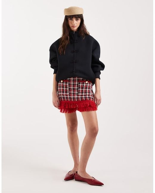ASOS Red Funnel Neck Zip Up Jacket With Mandarin Button Detail