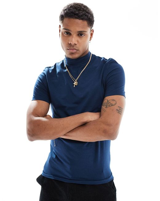ASOS Blue Muscle Fit T-shirt With Turtle Neck for men