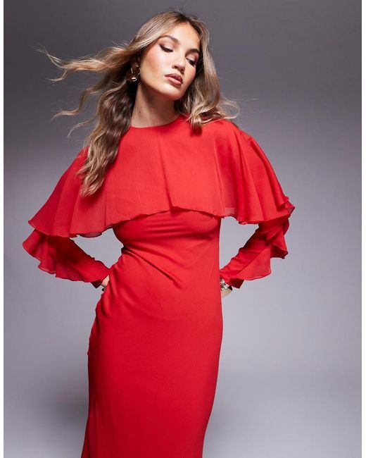 ASOS Red Long Sleeve Ruffle Bias Maxi Dress With Cape Detail