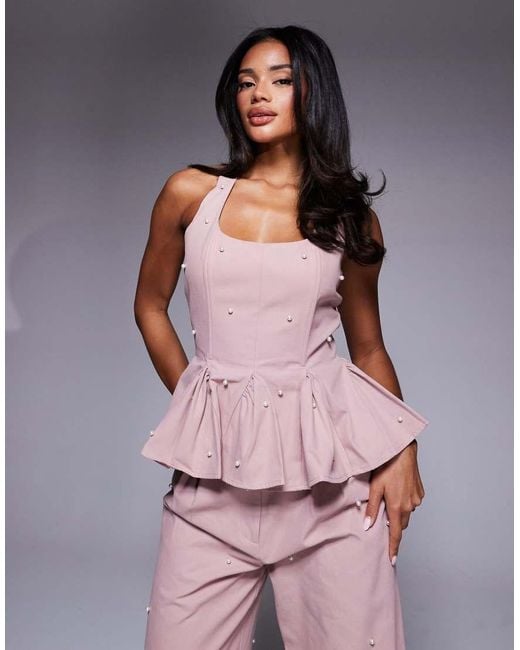 ASOS Co-ord Pearl Embellished Cotton Twill Corset Peplum Top in