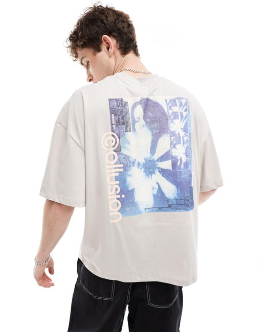 Collusion White Printed Tee With Back And Front Photographic Prints for men