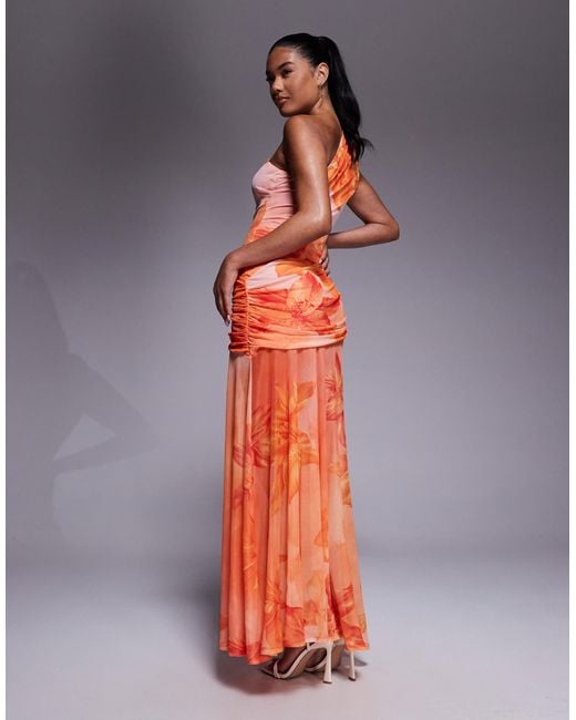 ASOS Orange – maxikleid mit one-shoulder-träger, kontrastierendem oberteil und transparentem rock mit print